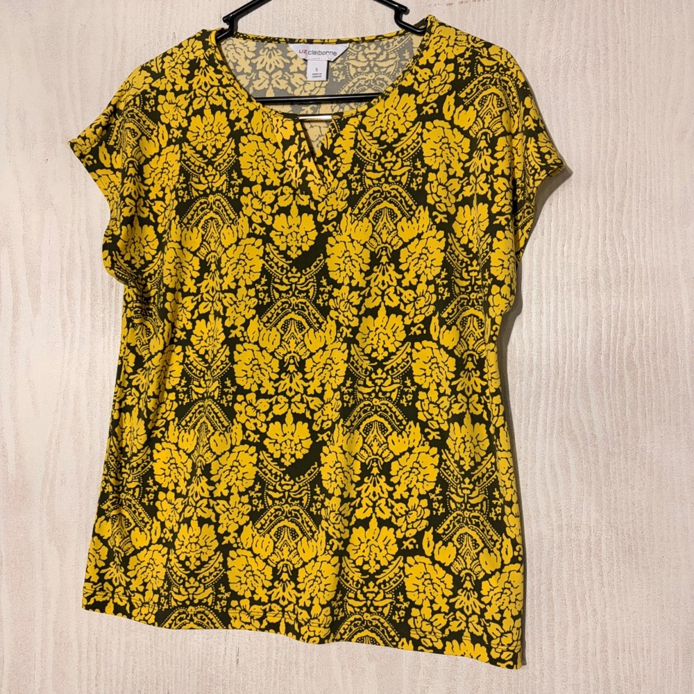Liz Claiborne Blouse Womens S Yellow Damask Floral Cap Sleeve Split Neck Top